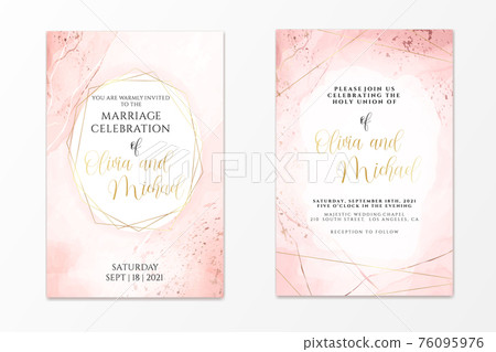 Wedding invitation template on dusty pink liquid watercolor background with golden lines and frame. Pastel blush marble alcohol ink drawing effect. Vector illustration of romantic card design Wedding invitation template on dusty pink liquid watercolor background with golden lines and frame. Pastel blush marble alcohol ink drawing effect. Vector illustration of romantic card design 76095976