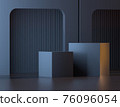 3D render presentation showcase. Dark stage scene with two cubes in the room with cylinder wall. 76096054