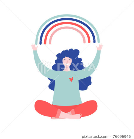 Happy woman sits in lotus pose and open her arms to the rainbow. Smiled girl creates good vibe around her. Smiling female character enjoys her freedom and life. Body positive and health care concept 76096946