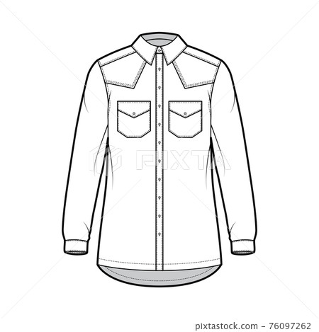 Denim shirt jacket technical fashion illustration with oversized body, flap pockets, classic collar, long sleeves 76097262