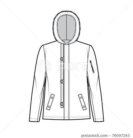 N-2B flight jacket technical fashion illustration with oversized, fur hood, long sleeves, flap pockets, button opening 76097263