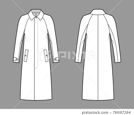 Mackintosh coat technical fashion illustration with raglan long sleeves, regular collar, oversized body, midi length. Mackintosh coat technical fashion illustration with raglan long sleeves, regular collar, oversized body, midi length. 76097264