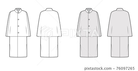 Inverness coat cape technical fashion illustration with long sleeves, round lapel collar, oversized body, midi length. Inverness coat cape technical fashion illustration with long sleeves, round lapel collar, oversized body, midi length. 76097265