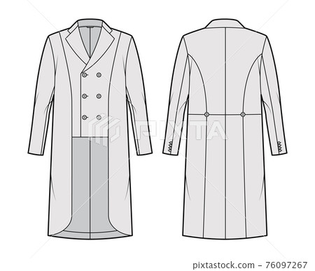 Horse riding jacket tuxedo technical fashion illustration with double breasted, long sleeve, peaked collar, low high hem Horse riding jacket tuxedo technical fashion illustration with double breasted, long sleeve, peaked collar, low high hem 76097267
