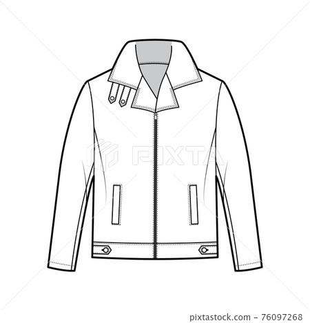 Zip-up Bomber leather jacket technical fashion illustration with tabs, oversized, thick collar, long sleeve, welt pocket Zip-up Bomber leather jacket technical fashion illustration with tabs, oversized, thick collar, long sleeve, welt pocket 76097268
