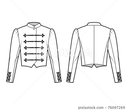Majorette jacket technical fashion illustration with crop length, long leg o Mutton sleeves, stand collar, frog closure Majorette jacket technical fashion illustration with crop length, long leg o Mutton sleeves, stand collar, frog closure 76097269