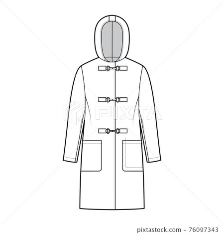 Clasp coat technical fashion illustration with long sleeves, hood, oversized body, patch pockets, knee length. Flat Clasp coat technical fashion illustration with long sleeves, hood, oversized body, patch pockets, knee length. Flat 76097343
