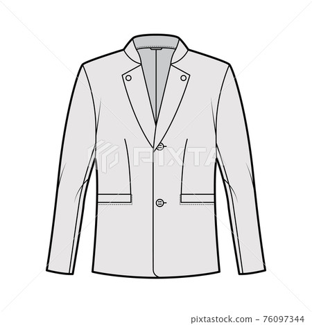 Tyrolean jacket tuxedo technical fashion illustration with long sleeves, stand lapel collar, welt pockets. Flat Austrian Tyrolean jacket tuxedo technical fashion illustration with long sleeves, stand lapel collar, welt pockets. Flat Austrian 76097344