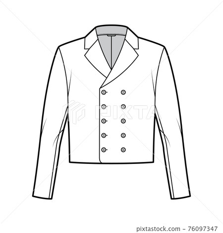Monkey jacket technical fashion illustration with double breasted, long sleeves, notched collar, waist length. Flat 76097347