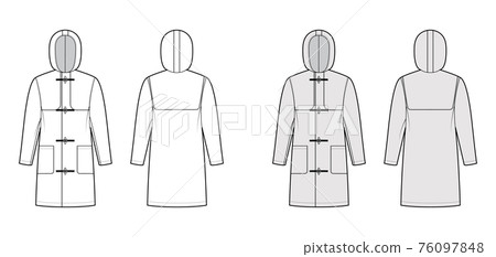 Duffle coat technical fashion illustration with hood, long sleeves, oversized body, knee length, patch pockets, toggle 76097848