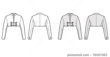 Spencer jacket technical fashion illustration with crop length, long sleeves, stand collar, button frog closure blazer Spencer jacket technical fashion illustration with crop length, long sleeves, stand collar, button frog closure blazer 76097865