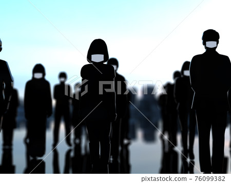 男性和女性在遠處排列的面具的社會距離 CG 插圖 男性和女性在遠處排列的面具的社會距離 CG 插圖 76099382