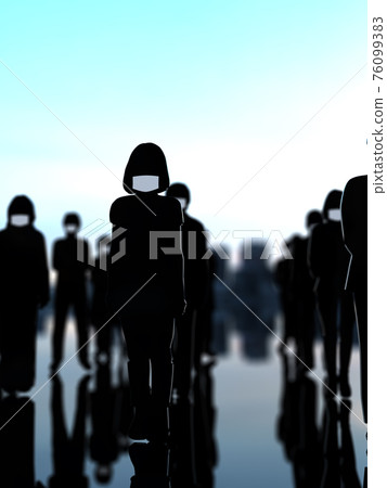 男性和女性在遠處排列的面具的社會距離 CG 插圖 男性和女性在遠處排列的面具的社會距離 CG 插圖 76099383