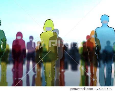Social distance CG illustration of men and women in masks lined up at a distance Social distance CG illustration of men and women in masks lined up at a distance 76099389