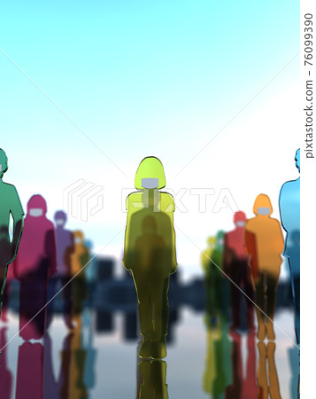 Social distance CG illustration of men and women in masks lined up at a distance Social distance CG illustration of men and women in masks lined up at a distance 76099390