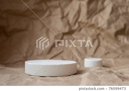 White geometric shapes podium for product display on craft paper background. Monochrome stage, stand for product promotion White geometric shapes podium for product display on craft paper background. Monochrome stage, stand for product promotion 76099473