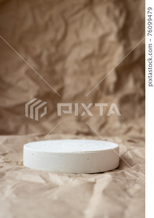 White geometric shapes podium for product display on craft paper background. Monochrome stage, stand for product promotion  76099479