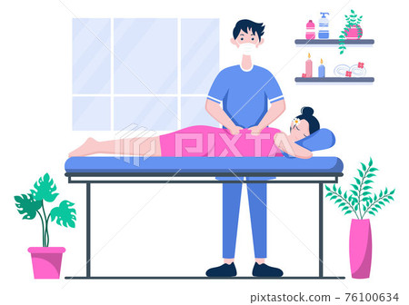 Massage Vector Illustration In Beauty Salon, Body Spa, Relaxation, Facial Essential And Skincare. Flat Design 76100634