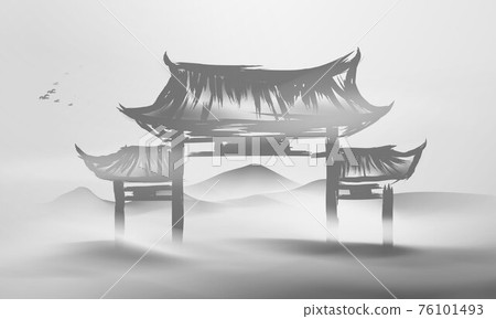 Chinese ink and water landscape painting banner background Chinese door 76101493