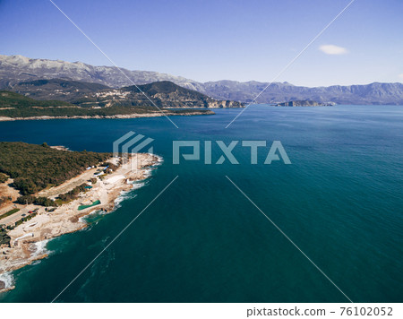 Ploce beach in Budva Riviera, Montenegro. Aerial photography 76102052