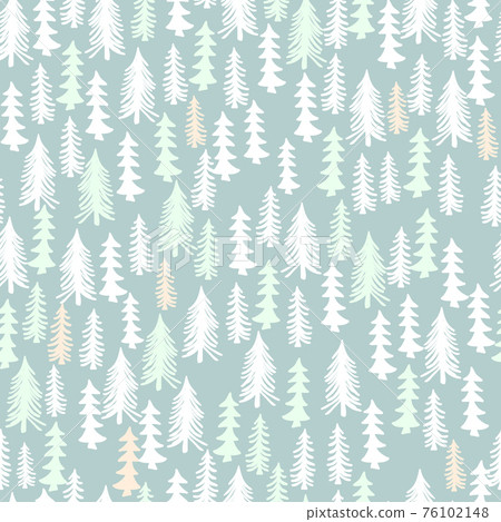 seamless vector winter oliver green background with drawn tree, mountain pattern 76102148