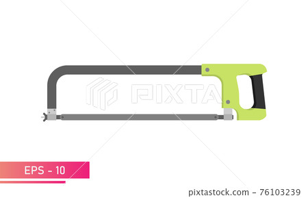 Metal hacksaw, with a convenient green handle. Realistic design. On a white background. Tools for workers. Flat vector illustration. 76103239