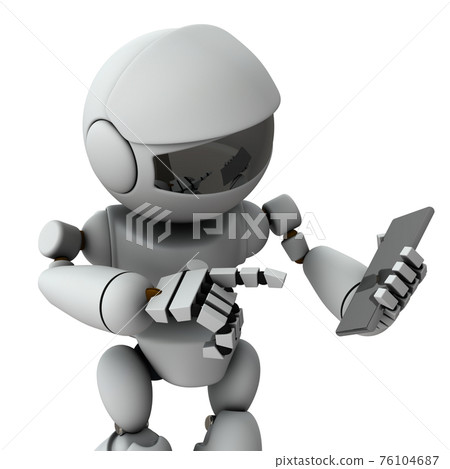 An artificial intelligence robot that operates a smartphone. online shopping. 3D rendering. White background. 76104687