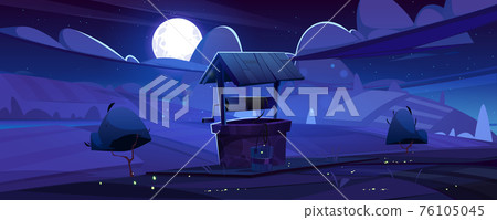 Old stone well with drinking water on green hill 76105045