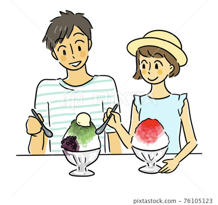 Men and women eating shaved ice on a date Men and women eating shaved ice on a date 76105123
