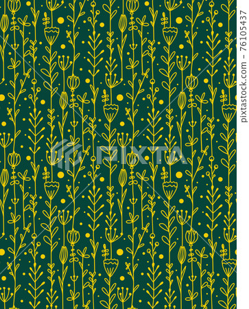 Seamless pattern with garland of doodle flowers and branches. Natural texture with petals and leaves. Vector wallpaper with yellow scribble drawings 76105437