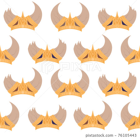 Seamless pattern with the cartoon sketch of the horned viking helmets in a row. Texture with the ammunition of the ancient warriors of the defenders. 76105443