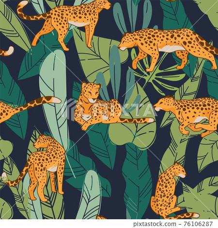 Cheetah or leopard with tropical flora pattern Cheetah or leopard with tropical flora pattern 76106287