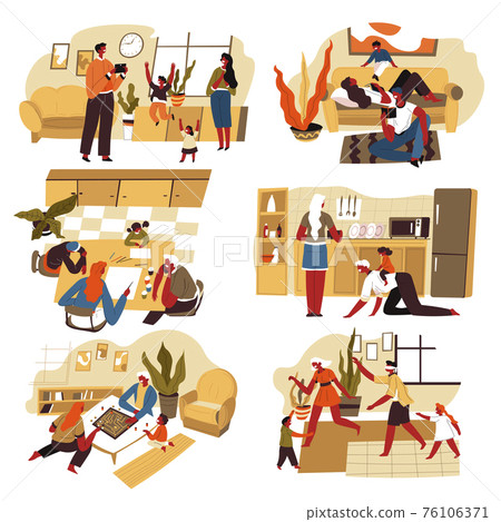 Family activities at home, dad and mom with kids Family activities at home, dad and mom with kids 76106371