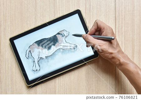 a tablet showing hand sketch the drawing of beagle dog with digital pens on wood table a tablet showing hand sketch the drawing of beagle dog with digital pens on wood table 76106821