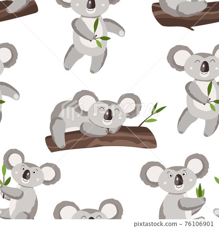 Seamless pattern with cute koala baby on white background. Funny australian animals. Card, postcards for kids. Flat vector illustration for fabric, textile, wallpaper, gift wrapping paper. 76106901