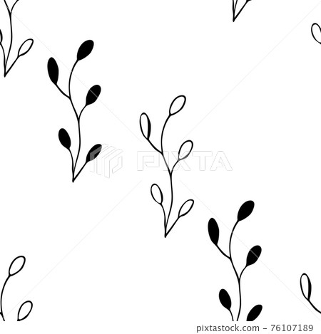 Floral seamless pattern with branches on white background. Ornament with tropic leaves, sprigs. Vector illustration for fabric, textile, wallpaper, posters, paper. Fashion print. Doodle style. 76107189