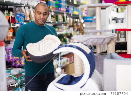 Man choosing cat furniture supplies in shop Man choosing cat furniture supplies in shop 76107794