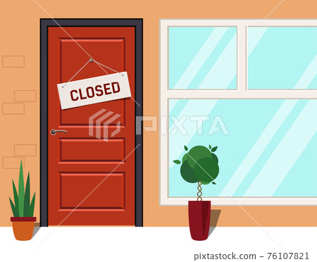 Closed sign on red door. Store with a sign that says close. 76107821