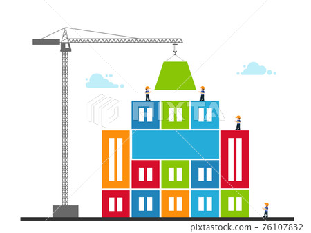 Tower crane made of colored blocks builds city. concept of building Tower crane made of colored blocks builds city. concept of building 76107832