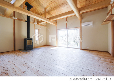 Wooden house living room and wood stove 76108193