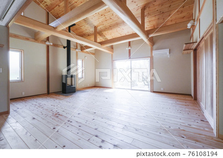 Wooden house living room and wood stove 76108194