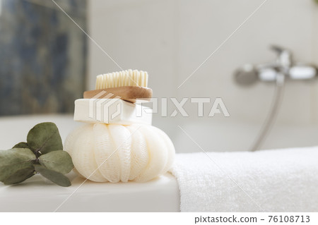 Washbasin in bathroom, bath accessories. Household, hotel cleaning concept Washbasin in bathroom, bath accessories. Household, hotel cleaning concept 76108713