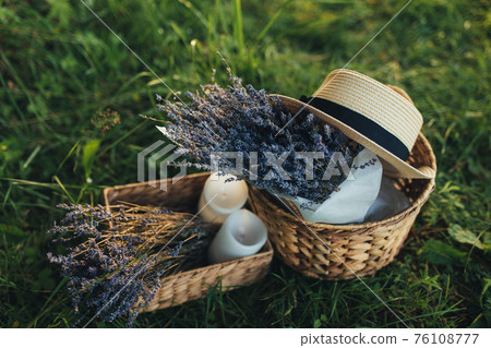Purple lavender flowers in the wooden box 76108777