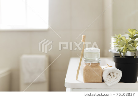 Washbasin in bathroom, bath accessories. Household, hotel cleaning concept Washbasin in bathroom, bath accessories. Household, hotel cleaning concept 76108837