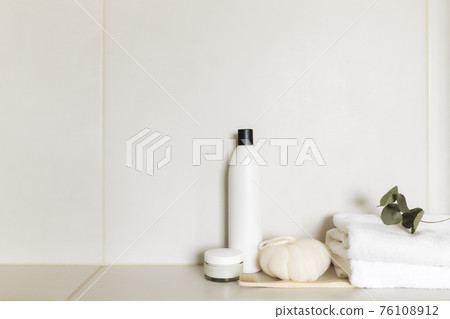 Washbasin in bathroom, bath accessories. Household, hotel cleaning concept Washbasin in bathroom, bath accessories. Household, hotel cleaning concept 76108912