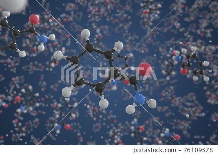 Benzamide molecule. Ball-and-stick molecular model. Chemistry related 3d rendering Benzamide molecule. Ball-and-stick molecular model. Chemistry related 3d rendering 76109378