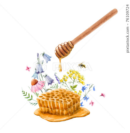Beautiful composition with watercolor hand drawn honey with spoon and flowers. Stock illustration. Beautiful composition with watercolor hand drawn honey with spoon and flowers. Stock illustration. 76109724