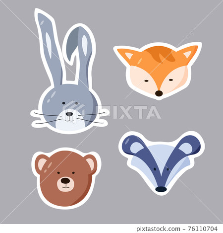 Vector set of color drawings of forest animals. The head of a bear, a hare, a fox and a badger. A set of stickers with an outline. 76110704