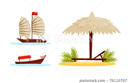 Vietnam Country Landmarks with Boat and Straw Beach Umbrella Vector Set 76110787