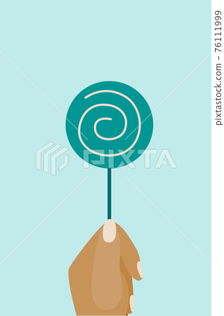 Lollipop in hand. a woman s hand holds a striped candy. Vector illustration of a flat design. Candy on a stick. The poster. Blue background. Lollipop in hand. a woman s hand holds a striped candy. Vector illustration of a flat design. Candy on a stick. The poster. Blue background. 76111999